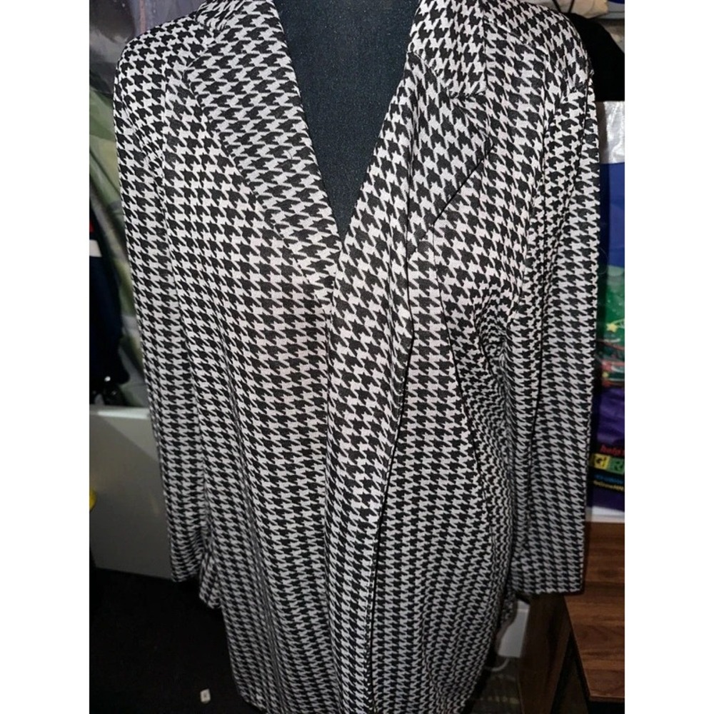 Joan Vass New York Houndstooth Black & White Long Blazer Jacket Size L, NWT